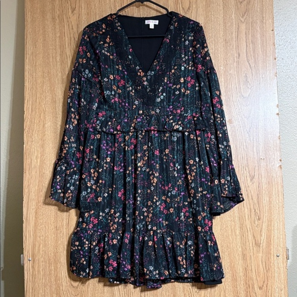 Riley & Rae Elegant Black Dress with Colorful Floral Design